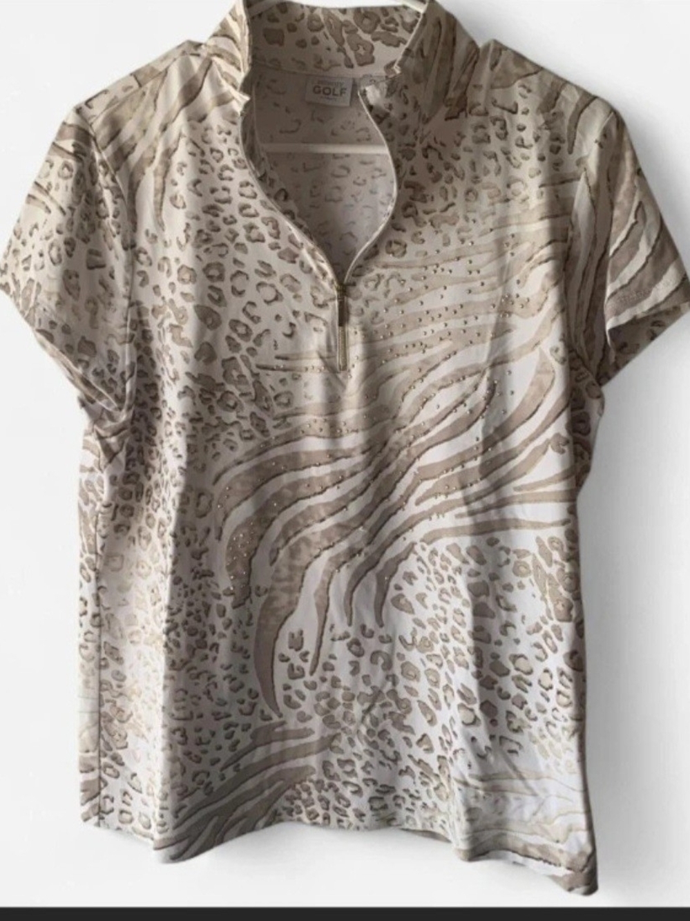 Zenergy By Chico's Beige and Cream Animal-Print Short Sleeve Top